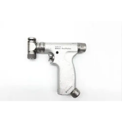 Silver-colored metal air-powered oscillator with pistol grip and threaded nozzle ends for hall surgical ad5-767