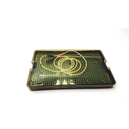 Transparent green plastic surgical tray with coiled yellow cable and black-handled instrument for halyard healthmark rf probe 100g