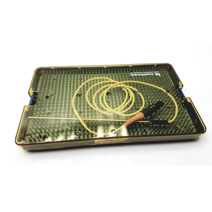 A yellow halyard healthmark rf probe 100g with wooden handle and black connector coiled on a green perforated tray
