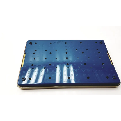Blue metallic keyboard plate with grid of circular holes and gold edges for halyard healthmark rf probe 100g pmp-18-100c