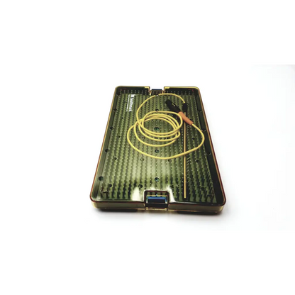 A yellow coiled cable with black and orange handle in an olive green tray for halyard healthmark rf probe 100g