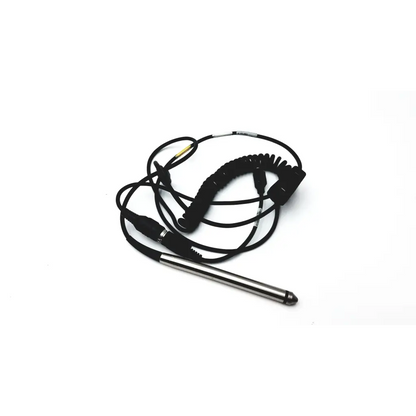 Black coiled cable connected to a silver stylus pen on hand held ws137872 scanteam barcode scanner