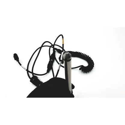 Black coiled headset with silver microphone boom and black earpiece for hand held ws137872 scanteam barcode scanner
