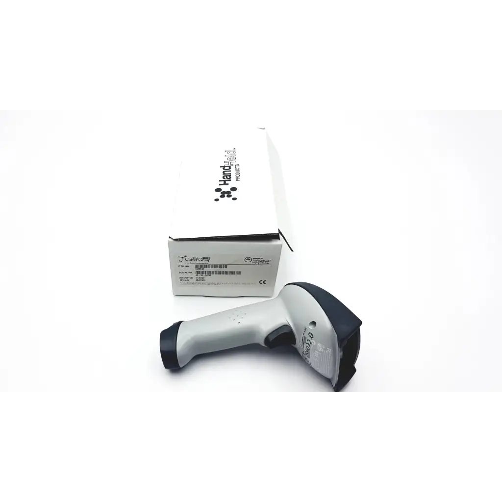 Gray and black handheld 4620vae wireless bluetooth barcode scanner with ergonomic design resting beside branded packaging