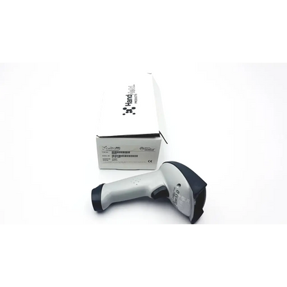 Gray and black handheld 4620vae wireless bluetooth barcode scanner with ergonomic design resting beside branded packaging
