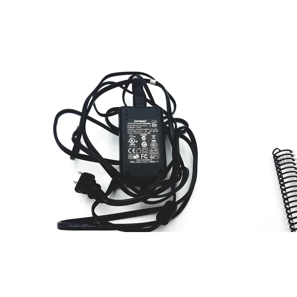 Black dymo brand power adapter with coiled cord for handheld 4620vae wireless bluetooth barcode scanner