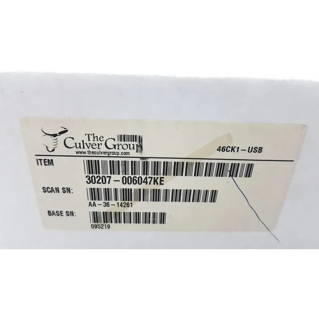 The culver group 46ck1-usb label with barcode and serial numbers on the back of a handheld 4620vae wireless bluetooth scanner