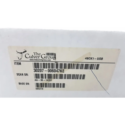 The culver group 46ck1-usb label with barcode and serial numbers on the back of a handheld 4620vae wireless bluetooth scanner