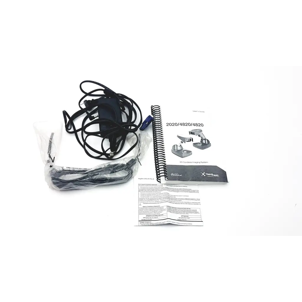 Black coiled power cord and adapter in clear plastic packaging for handheld 4620vae wireless bluetooth barcode scanner