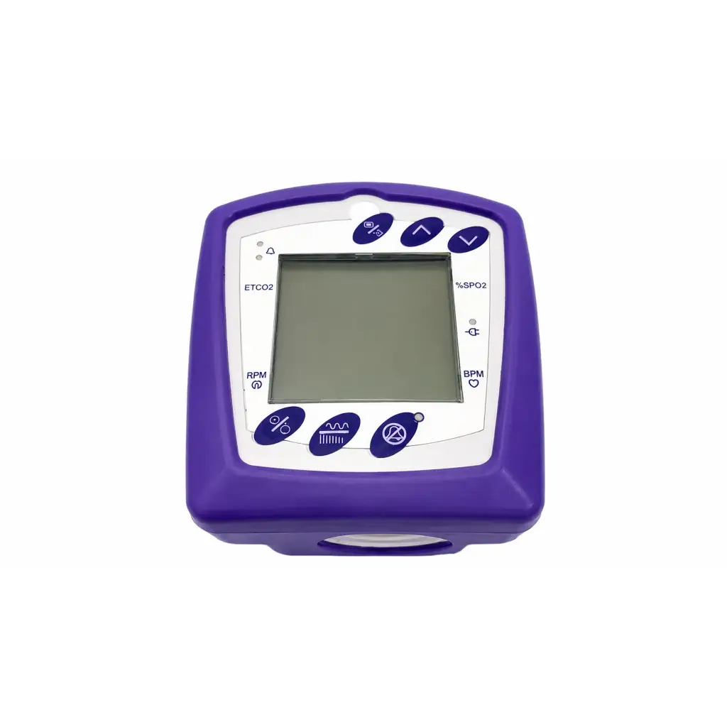 Refurbished handheld capnograph oximeter with purple plastic casing white display and blue buttons for etco2 rpm spo2 bpm readings