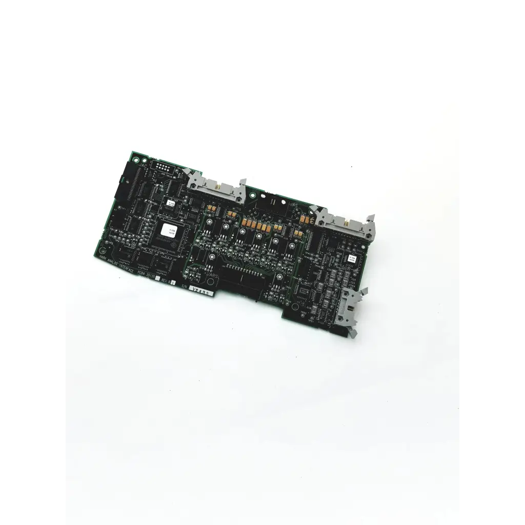 Black rectangular circuit board with silver connectors and components for hark analog interface pcba 35130 rev b