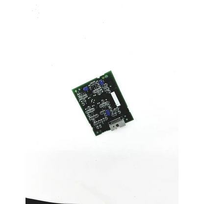 Green printed circuit board of hark detector preamp pcba 46180 rev with blue capacitors and silver connector