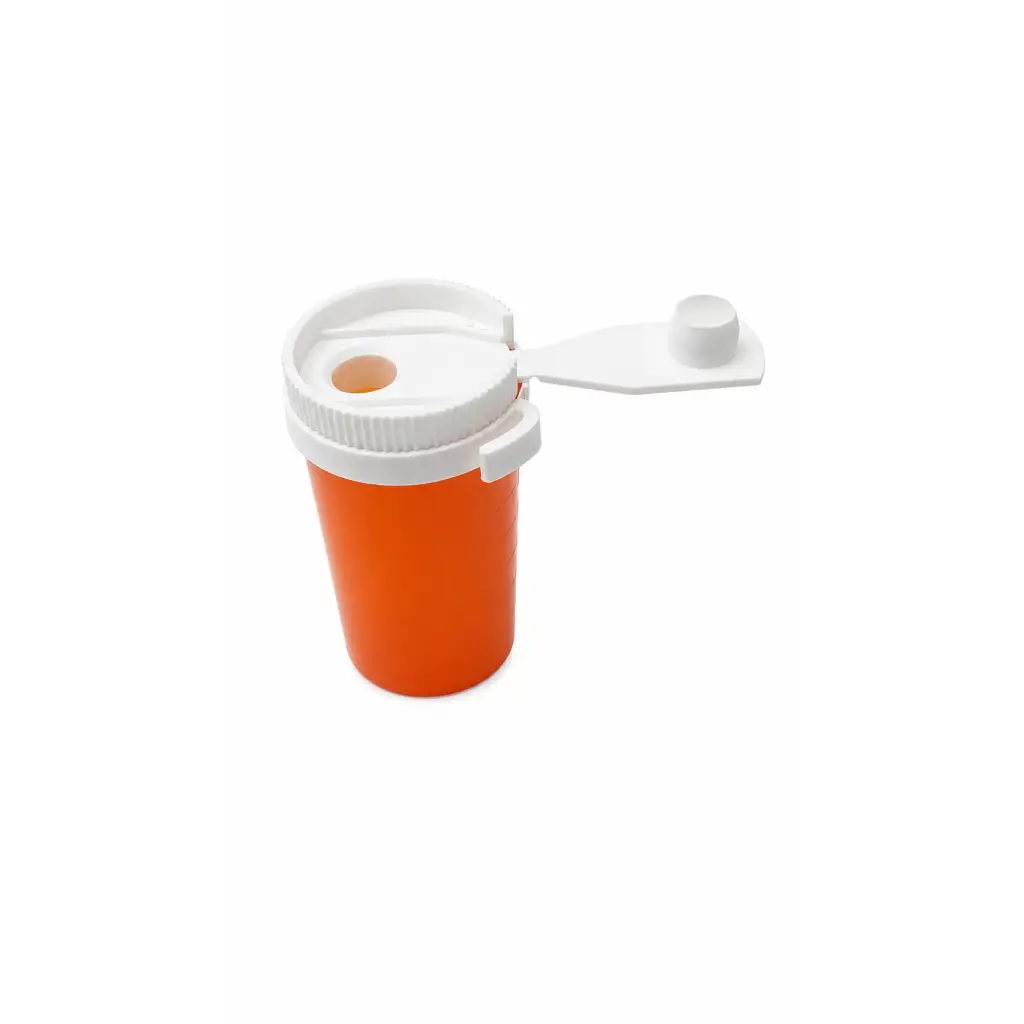 Orange plastic oral medication container with white flip-top lid biomed certified tamper-tuf 30 ml