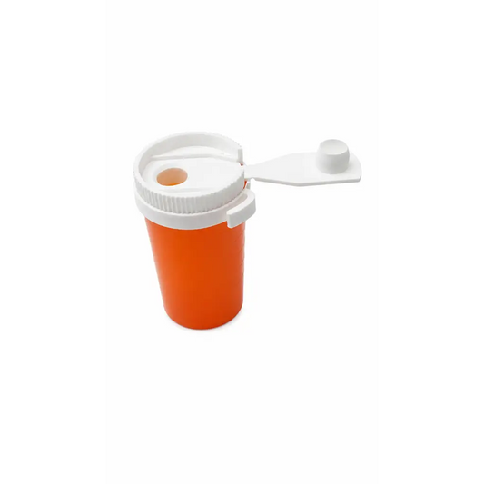 Orange plastic oral medication container with white flip-top lid tamper-tuf 30 ml