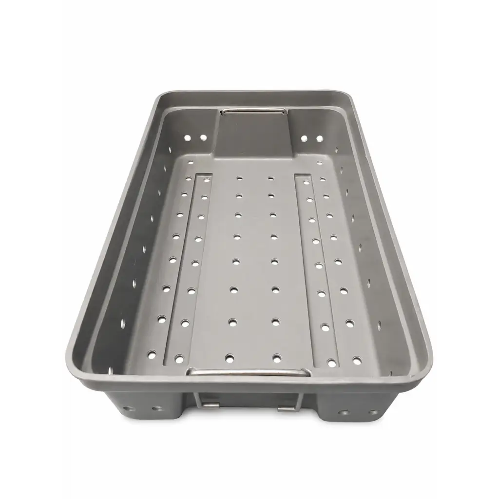Gray stainless steel healthmark perforated instrument tray with integrated handles for surgical use