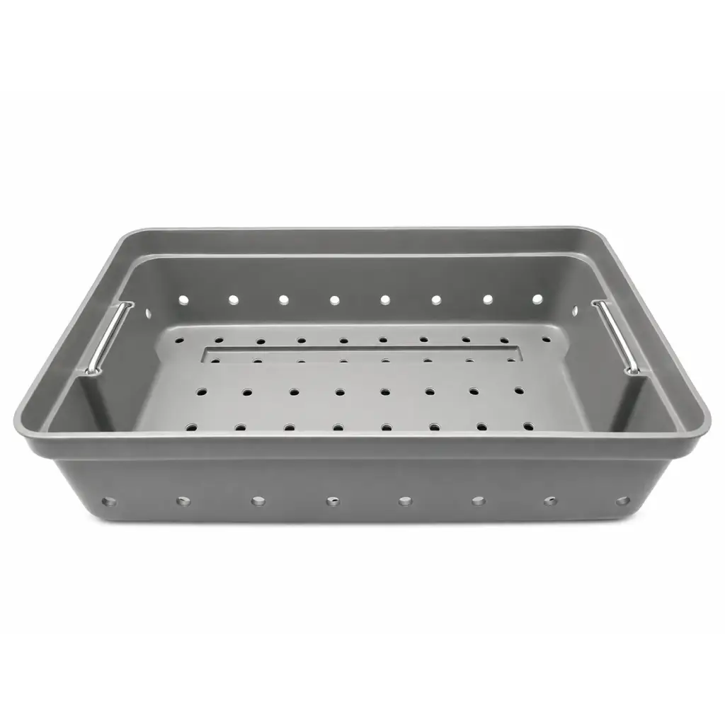 Gray stainless steel healthmark perforated instrument tray with slotted center and two metal handles on long edges
