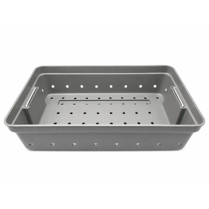 Gray stainless steel healthmark perforated instrument tray with slotted center and two metal handles on long edges