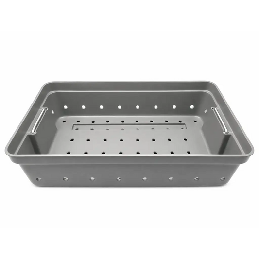 Gray stainless steel healthmark perforated instrument tray with slotted center and two metal handles on long edges