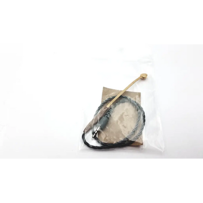 A sleek black braided hearing aid programming adapter cable with gold microphone boom and gray connector in clear plastic