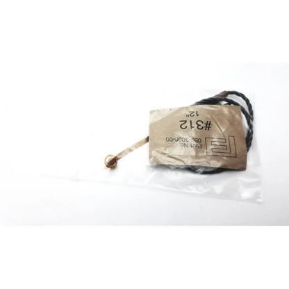 Hearing aid programming adapter with black braided cord and gold metal clasp in clear plastic packaging with brown label