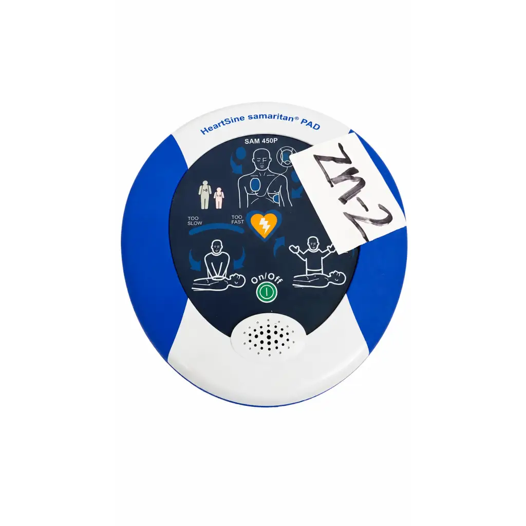 Blue and white heartsine samaritan pad aed defibrillator with instructional diagrams on circular face in refurbished kit