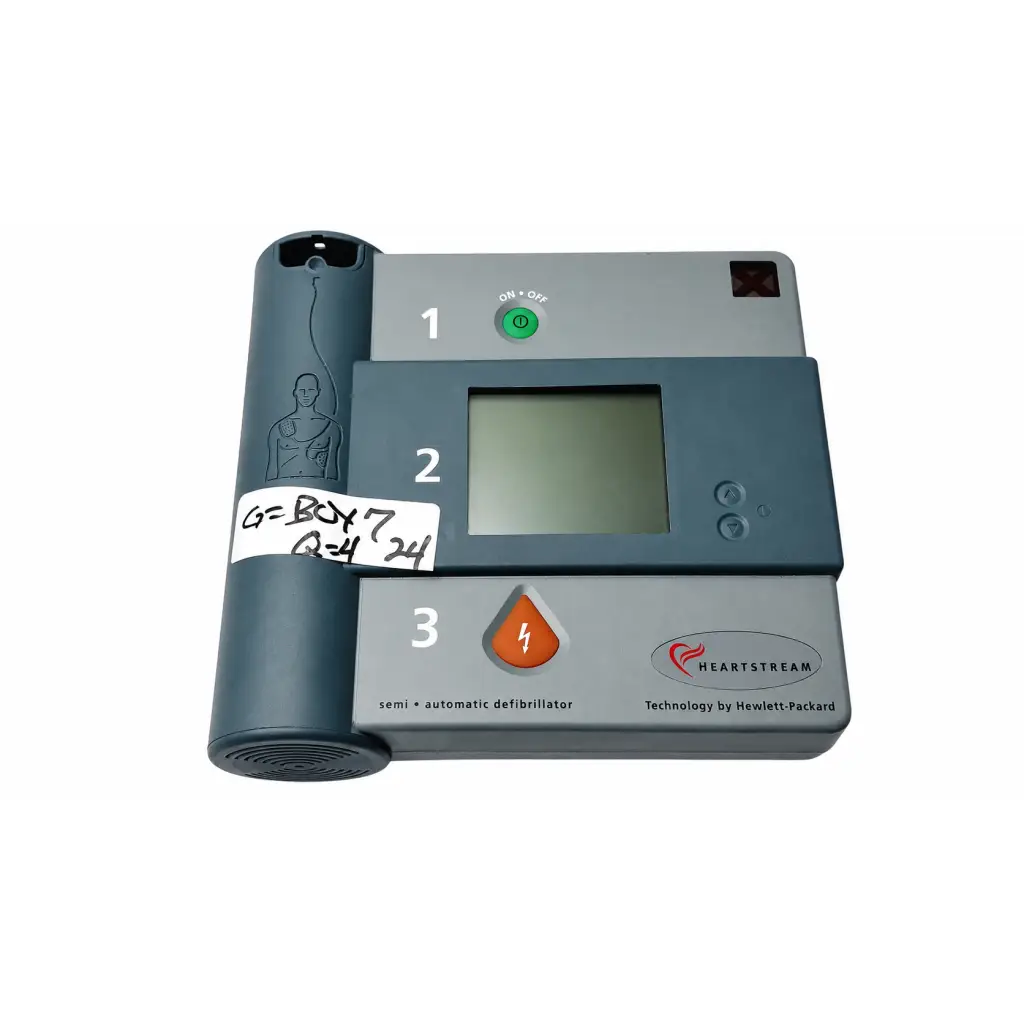 Gray and black heartstream e01 aed defibrillator complete kit with green power button orange shock indicator and digital display