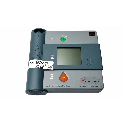 Gray and black heartstream e01 aed defibrillator complete kit with green power button orange shock indicator and digital display