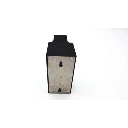 Black rectangular heine en30 power supply with metallic back panel featuring two keyholes and four screws shown from backside