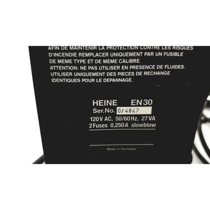 Black heine en30 power adapter with white specifications for heine omega 180 ophthalmoscope wired battery supply
