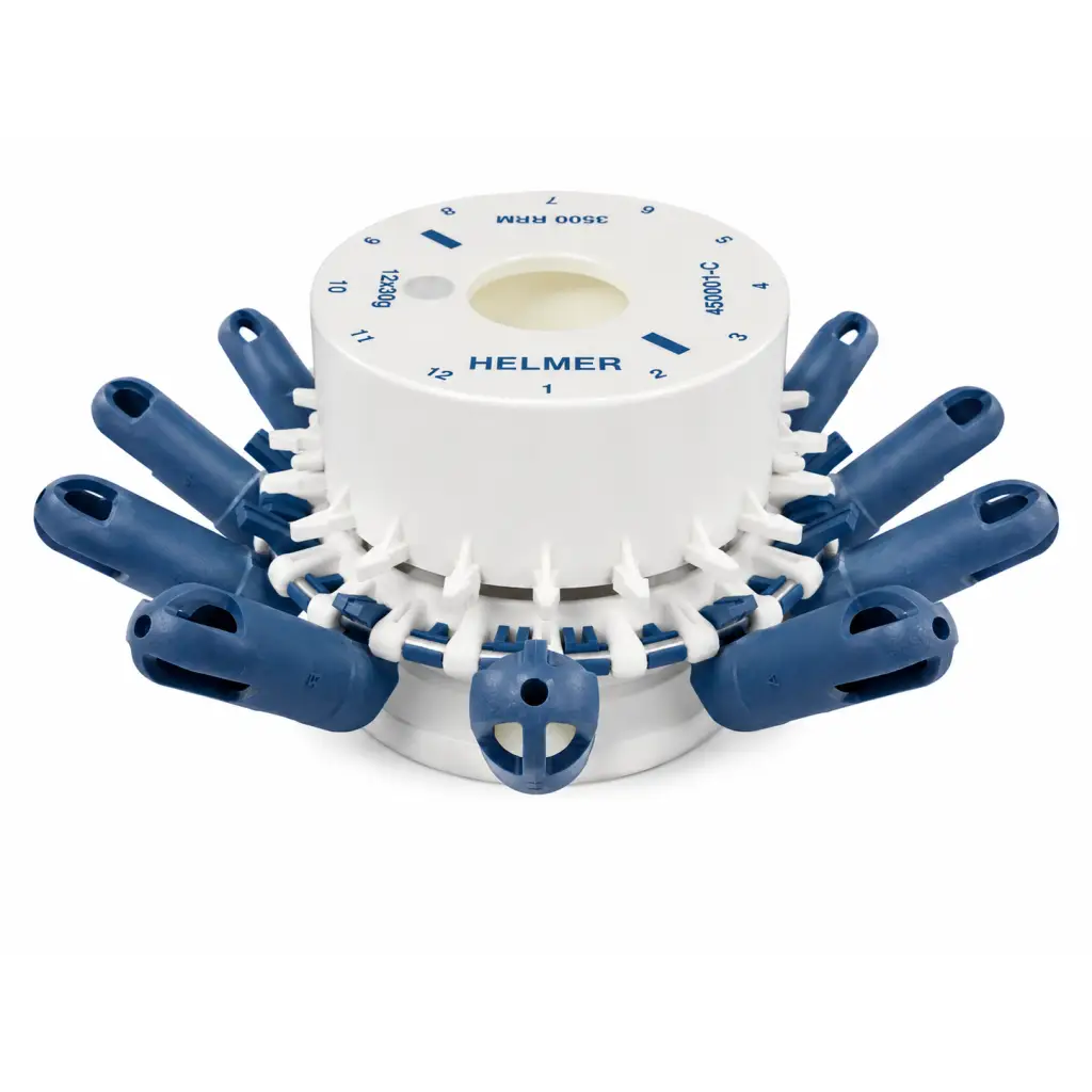 Helmer 450001-C white and blue centrifuge rotor assembly with 12 numbered slots for tubes biomed certified