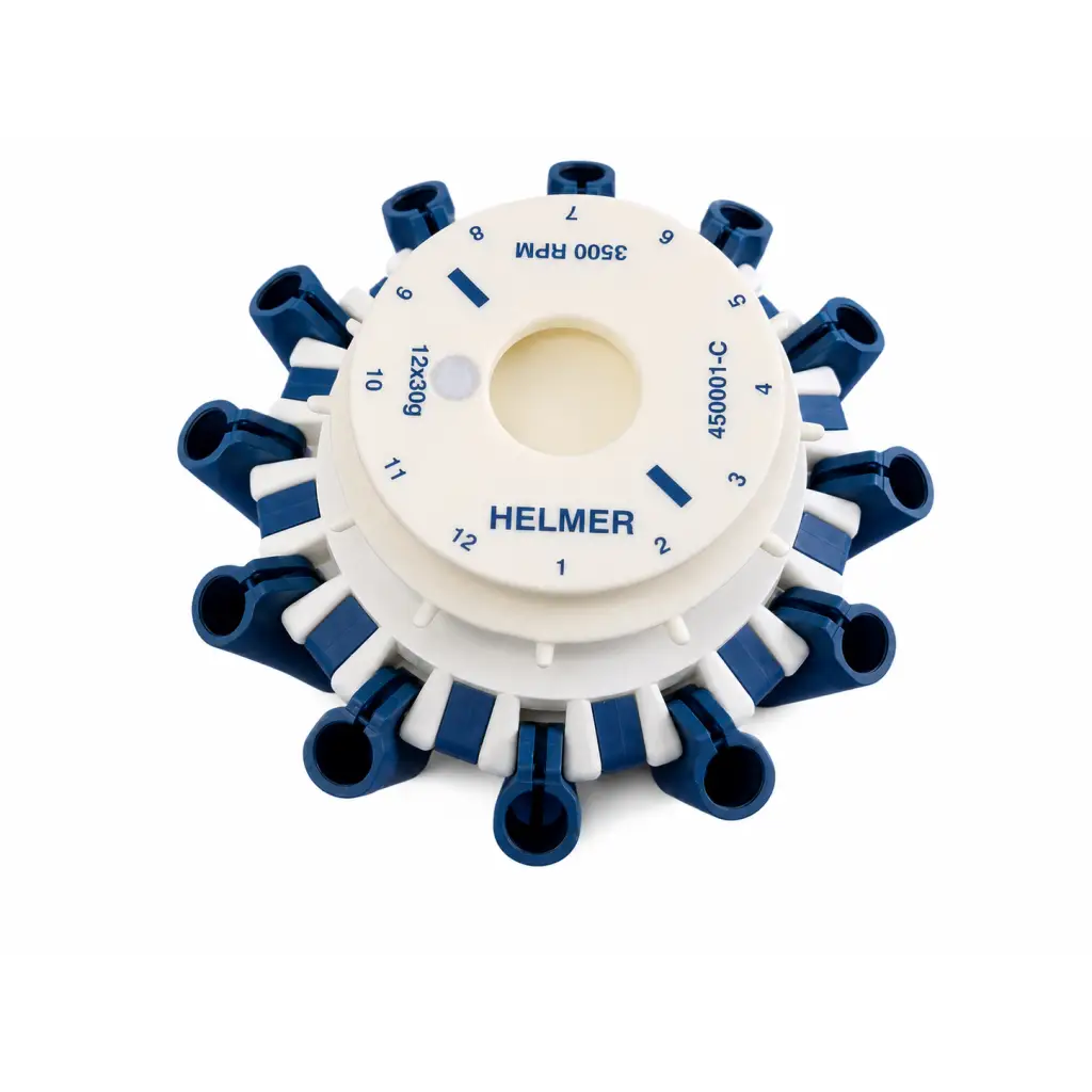 Helmer 450001-c white and blue plastic centrifuge rotor assembly with 12 numbered slots for tubes biomed certified