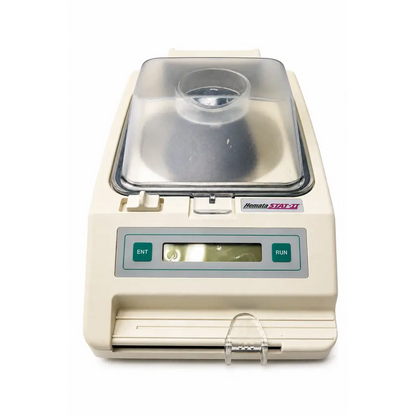 Beige hemata stat-ii centrifuge with clear lid and digital control panel biomed certified medical equipment