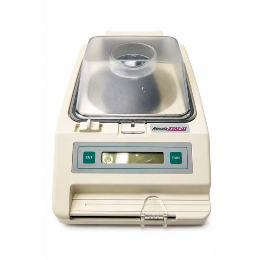 Beige hemata stat-ii centrifuge with clear lid and digital control panel medical equipment