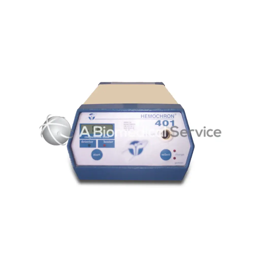 Blue and beige hemochron 401 blood analyzer with white control panel and bio logo used for biomedical service