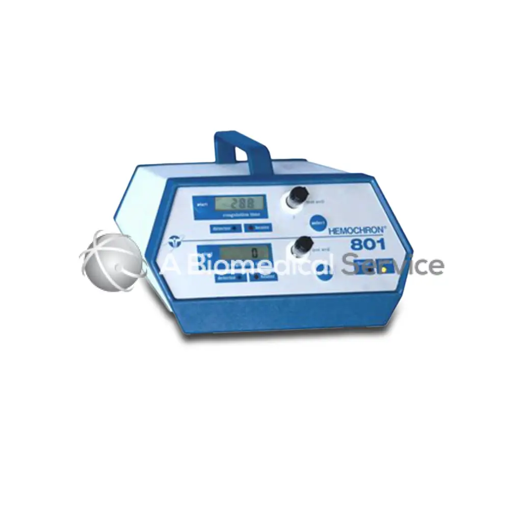 Blue and white hemochron 801 blood analyzer with digital display and control knobs for biomedical service use
