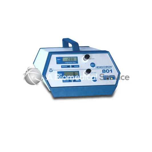 Blue and white hemochron 801 blood analyzer with digital display and control knobs for biomedical service use