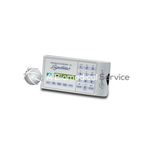 White plastic hemochron jr signature+ blood analyzer with numeric keypad and function buttons for biomedical service use