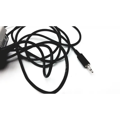 Black coiled audio cable with 3.5mm connector and plastic housing for herga electric chair leg control device