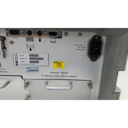 White hewlett packard 8147 time domain reflectometer back panel with silver metal handle and multiple ports visible