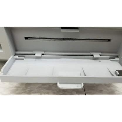 White plastic food storage container with sliding lid and compartments for hewlett packard 8147 optical time domain reflectometer accessories