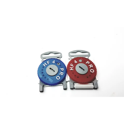 Blue and red hf4 pro wax plastic gear-shaped keychains with silver-colored central inserts for pro wax filter