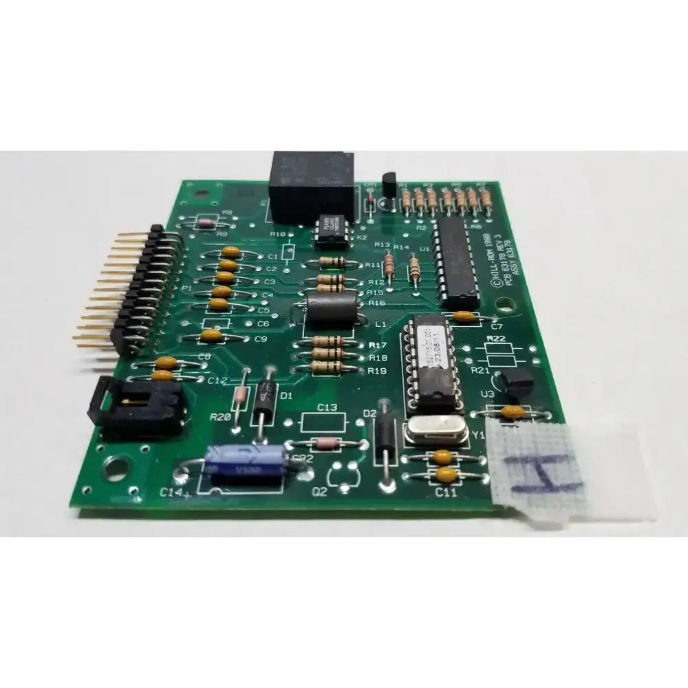 Hill-rom 1998 green control mother board pcb with resistors capacitors integrated circuits and black relay assembly 63179