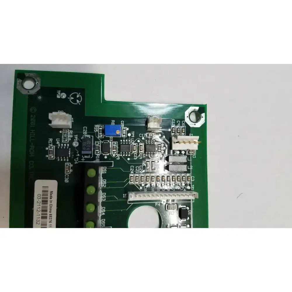 Green printed circuit board of hill-rom 2001 light relay control mother board with labeled connectors and components