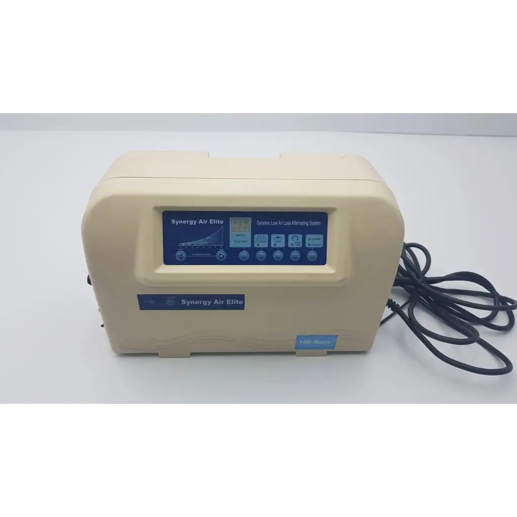 Cream-colored hill-rom mdq-79r0 synergy air elite air mattress pump with blue digital display and control buttons