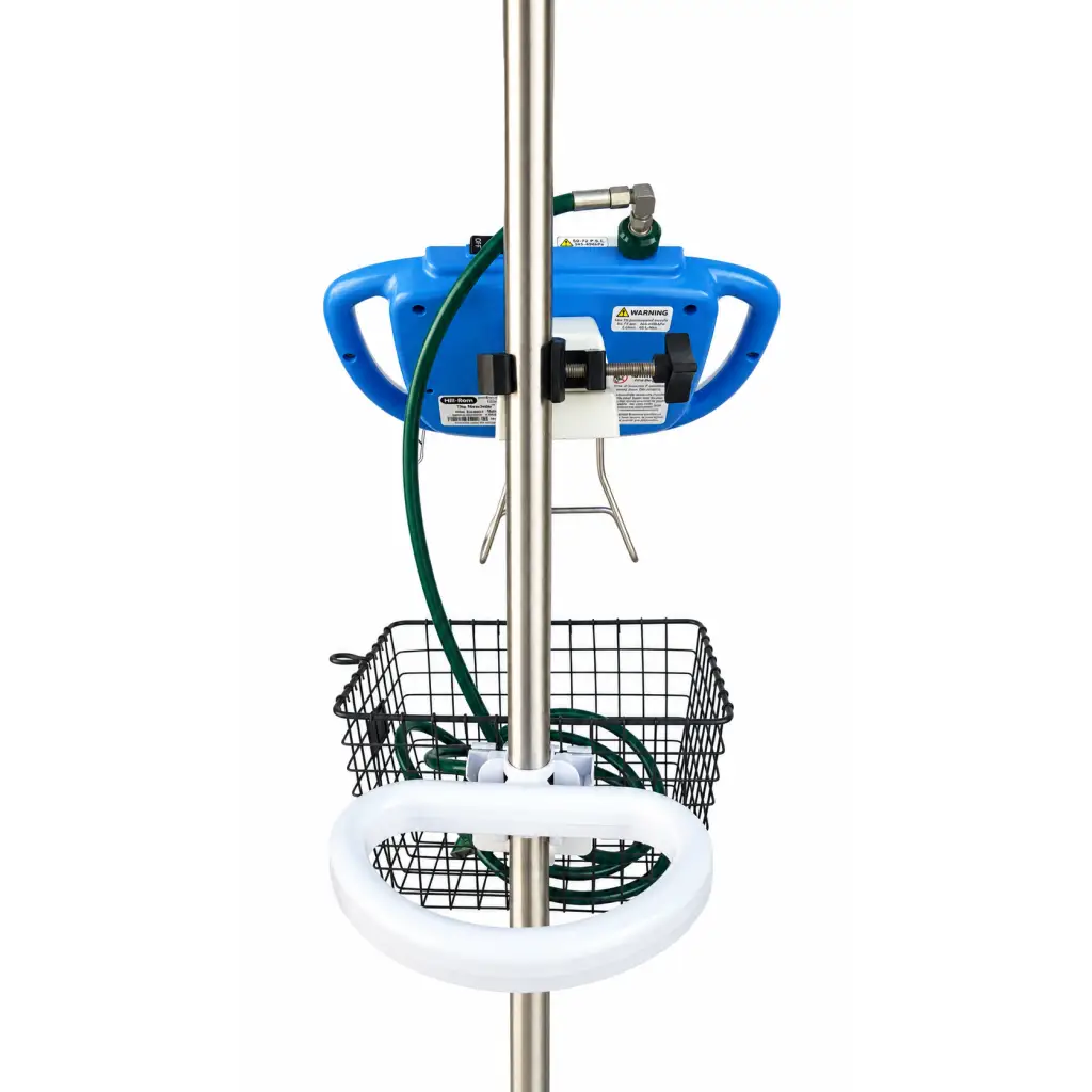 Blue plastic handheld pressure washer mounted on metal mobile stand with green hose and white basket hill-rom metaneb