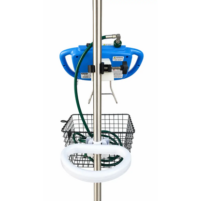 Blue plastic handheld pressure washer mounted on metal mobile stand with green hose and white basket hill-rom metaneb
