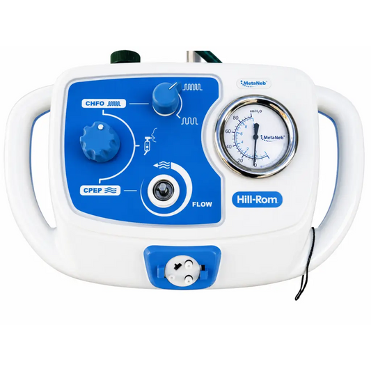 White and blue hill-rom metaneb ventilator with pressure gauge and control knobs on mobile stand