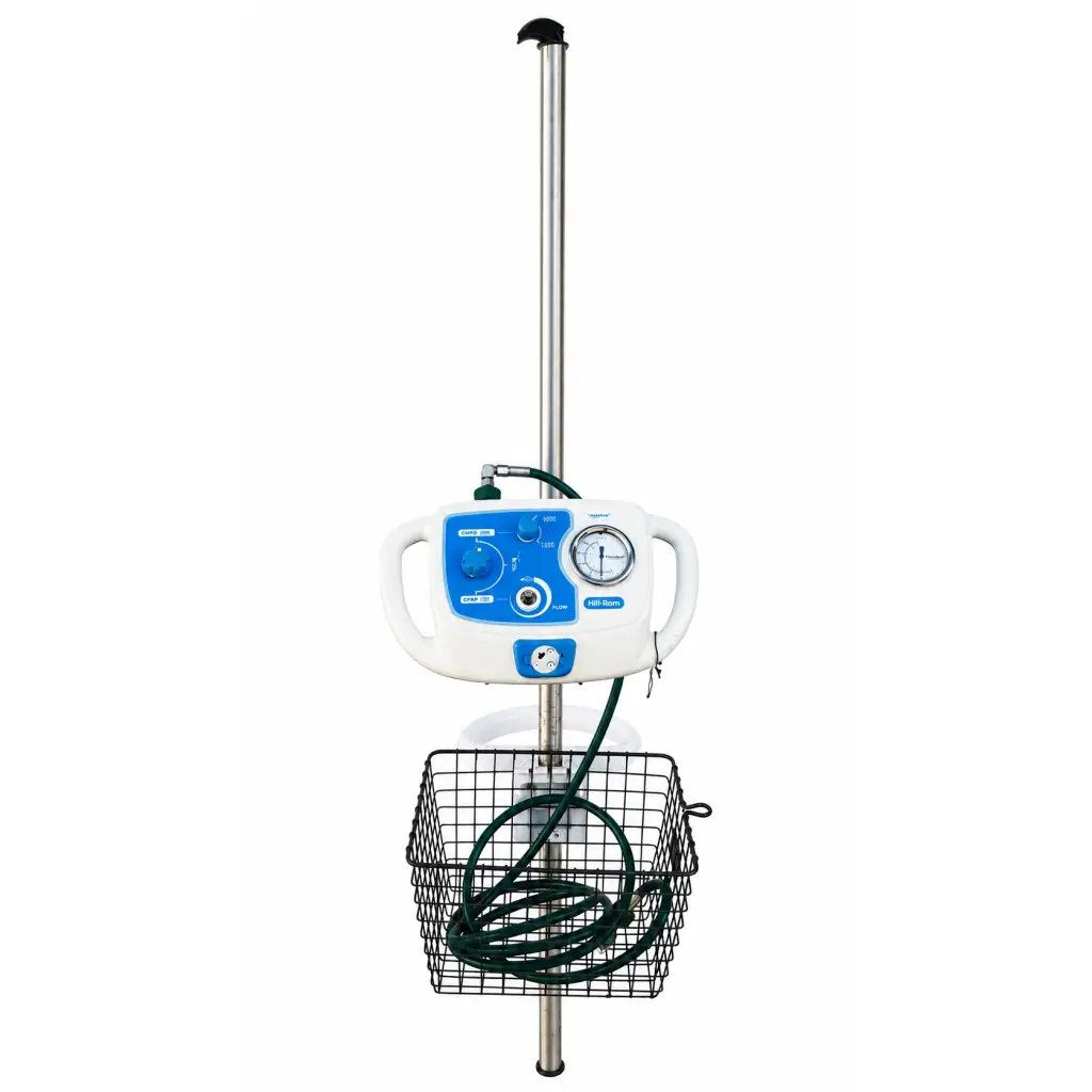 hill-rom metaneb system white and blue medical suction machine with mobile stand and coiled green tubing