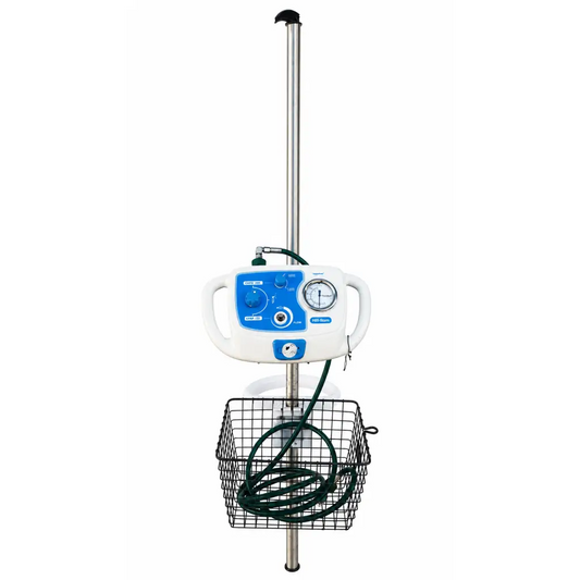 hill-rom metaneb system white and blue medical suction machine with mobile stand and coiled green tubing