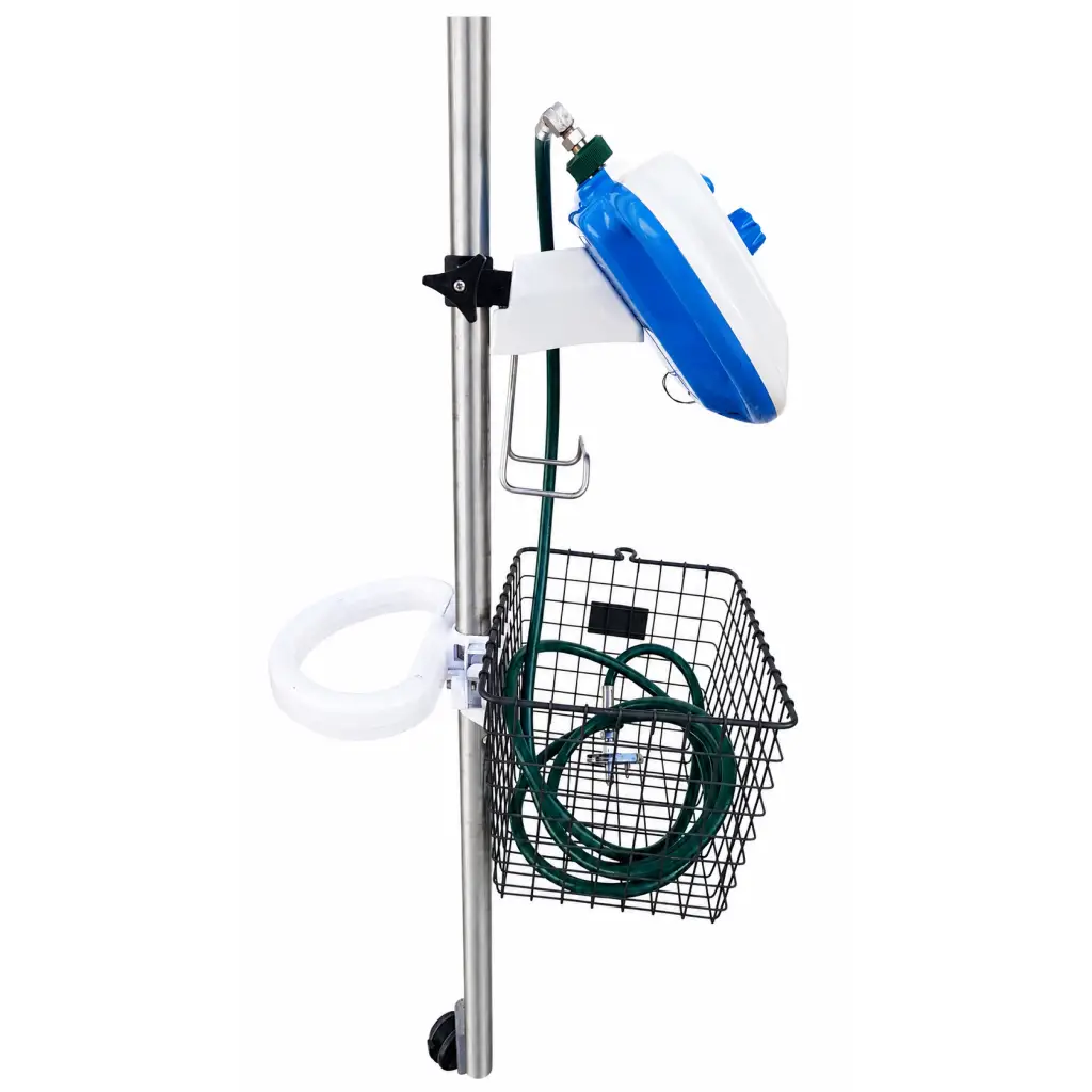 Blue and white hill-rom metaneb portable water fountain with mobile stand and wire basket holding green hoses
